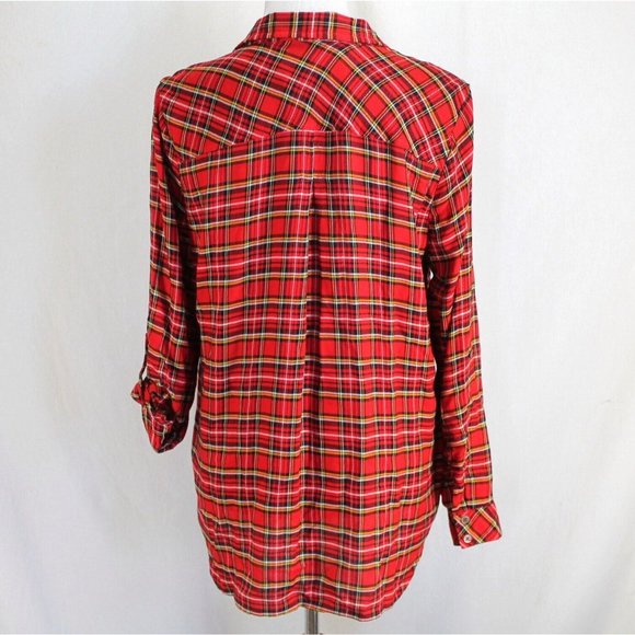 Kut from the Kloth Flannel Shirt Womens M Red Black Plaid Long Roll Tab Sleeve - Picture 5 of 7